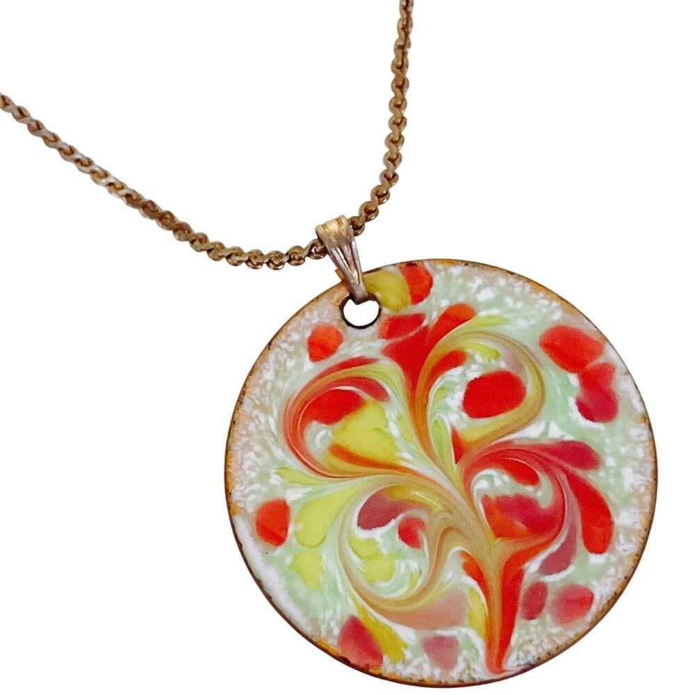 Vintage Signed Inga Enamel Copper Abstract Pendant Necklace Colorful Swirl Artsy